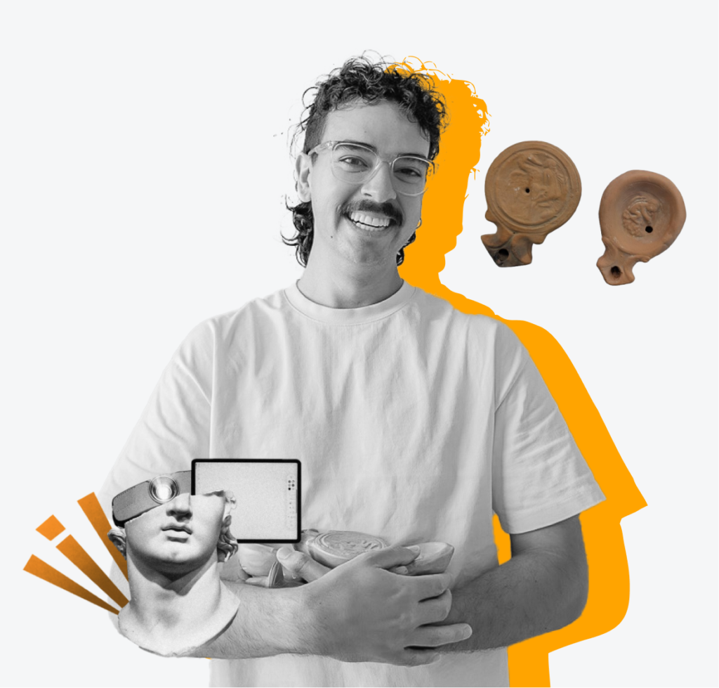 Retrato ilustrado de David Navarro Mora, con recortes y elementos de collage